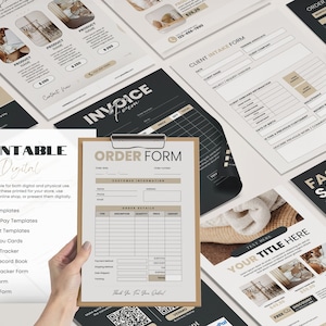 May include: A set of printable and digital business forms for small businesses. The forms include an order form, client intake form, invoice form, and a thank you card. The forms are designed in a minimalist style with black and white text on a beige background.