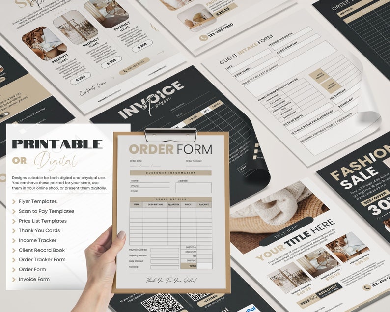May include: A set of printable and digital business forms for small businesses. The forms include an order form, client intake form, invoice form, and a thank you card. The forms are designed in a minimalist style with black and white text on a beige background.