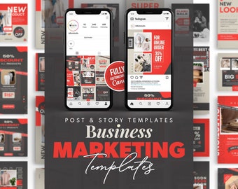 May include: A collection of social media post and story templates for business marketing. The templates feature a black and red color scheme with text that says "New Product", "Super Sale", "Fully Customizable", "For Online Order 30% Off", "50% Discount", "Post & Story Templates", "Business Marketing Templates".