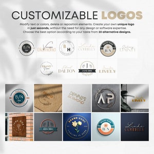 May include: A collection of 20 customizable logo designs. The logos feature various styles, including initials, floral elements, and geometric shapes. The logos are displayed on different backgrounds, such as brick, wood, and paper.