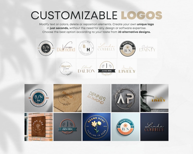 May include: A collection of 20 customizable logo designs. The logos feature various styles, including initials, floral elements, and geometric shapes. The logos are displayed on different backgrounds, such as brick, wood, and paper.