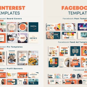 May include: A collection of social media templates for Pinterest and Facebook. The templates feature a variety of designs with orange, blue, and white accents. The templates include board covers, pin templates, profile banners, post templates, feed ad templates, and cover templates.