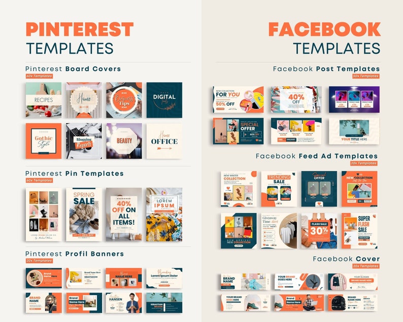May include: A collection of social media templates for Pinterest and Facebook. The templates feature a variety of designs with orange, blue, and white accents. The templates include board covers, pin templates, profile banners, post templates, feed ad templates, and cover templates.
