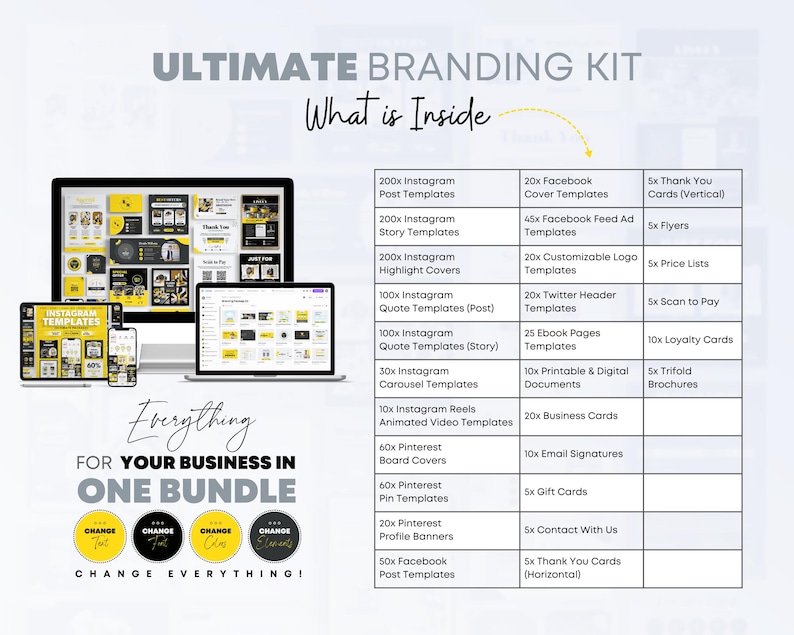 May include: A graphic showing a variety of social media templates for businesses. The graphic includes a laptop, a tablet, and a smartphone, all displaying different types of templates. The text "Ultimate Branding Kit" and "Everything for your business in one bundle" is displayed on the graphic. The graphic also lists the different types of templates included in the kit, such as Instagram posts, Facebook covers, and Pinterest pins.