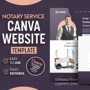 May include: A Canva website template for notary services. The template is easy to use and fully editable. It features a pink and purple color scheme with a modern design. The text on the template says "Notary Service Canva Website Template".