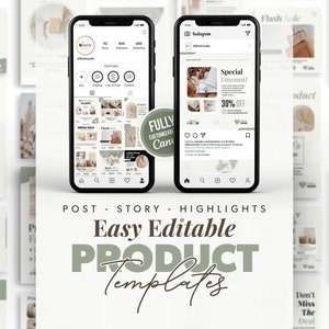 Puede incluir: Un conjunto de plantillas de redes sociales personalizables para promocionar productos. Las plantillas presentan una paleta de colores neutros beige, marrón y verde. El texto en las plantillas incluye "Alerta de nuevo producto", "Descuento especial", "Venta flash" y "No te pierdas la oferta".