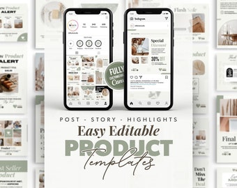 May include: A set of customizable social media templates for promoting products. The templates feature a neutral color palette of beige, brown, and green. The text on the templates includes "New Product Alert", "Special Discount", "Flash Sale", and "Don't Miss The Deal".