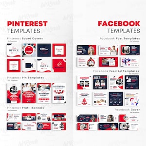 Może przedstawiać: Zestaw szablon&oacute;w marketingu cyfrowego dla Pinterest i Facebooka. Obraz przedstawia r&oacute;żne szablony okładek tablic Pinterest, szablony pin&oacute;w, banery profilowe, szablony post&oacute;w na Facebooku, szablony reklam w kanale i projekty okładek. Szablony wykorzystują schematy kolor&oacute;w czerwonego, białego i czarnego.