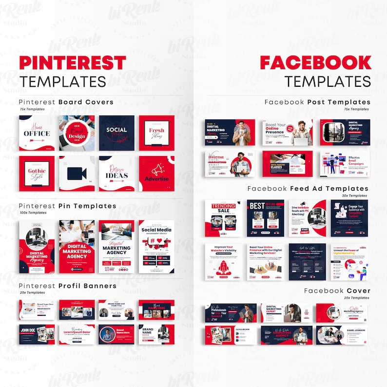 Może przedstawiać: Zestaw szablon&oacute;w marketingu cyfrowego dla Pinterest i Facebooka. Obraz przedstawia r&oacute;żne szablony okładek tablic Pinterest, szablony pin&oacute;w, banery profilowe, szablony post&oacute;w na Facebooku, szablony reklam w kanale i projekty okładek. Szablony wykorzystują schematy kolor&oacute;w czerwonego, białego i czarnego.