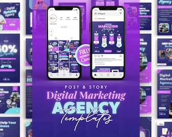 May include: A digital marketing agency template set with a purple and blue color scheme. The image includes mockups of Instagram posts and stories, along with the text "Digital Marketing Agency Templates". The templates are fully customizable.