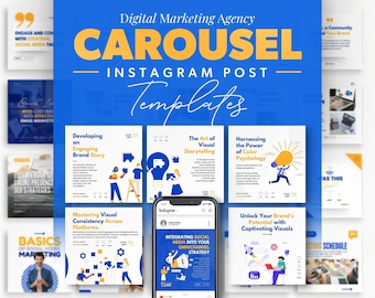 May include: A carousel of nine Instagram post templates for a digital marketing agency. The templates feature colorful illustrations and text about developing an engaging brand story, mastering visual consistency across platforms, the art of visual storytelling, harnessing the power of color psychology, integrating social media into your omnichannel strategy, and unlocking your brand's potential with captivating visuals.