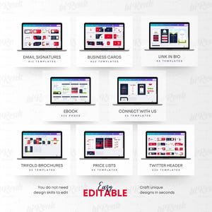 Może przedstawiać: Zestaw szablon&oacute;w graficznych wyświetlanych na laptopach. Obraz przedstawia szablony podpis&oacute;w e-mail, wizyt&oacute;wek, link&oacute;w w bio, ebook&oacute;w, broszur tr&oacute;jdzielnych, cennik&oacute;w i nagł&oacute;wk&oacute;w Twittera. Tekst na obrazie m&oacute;wi "Easy Editable" i "Craft unique designs in seconds".