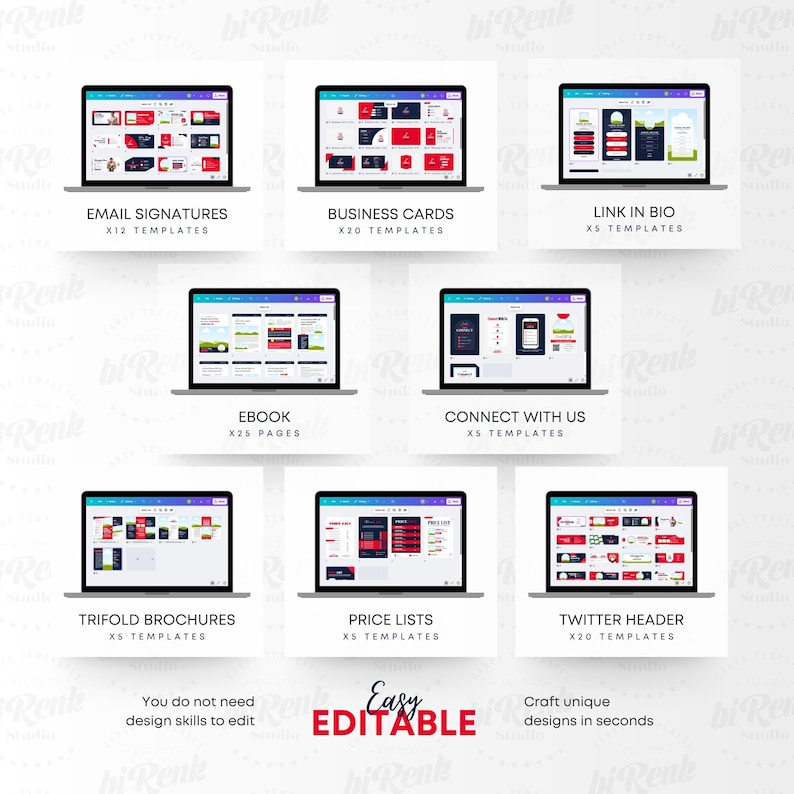 Może przedstawiać: Zestaw szablon&oacute;w graficznych wyświetlanych na laptopach. Obraz przedstawia szablony podpis&oacute;w e-mail, wizyt&oacute;wek, link&oacute;w w bio, ebook&oacute;w, broszur tr&oacute;jdzielnych, cennik&oacute;w i nagł&oacute;wk&oacute;w Twittera. Tekst na obrazie m&oacute;wi "Easy Editable" i "Craft unique designs in seconds".
