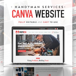 Puede incluir: Una maqueta de sitio web para un servicio de reparación a domicilio llamado RenFix. El sitio web presenta una combinación de colores rojo y blanco con una foto de un hombre trabajando en una superficie de madera. El texto en el sitio web dice: "Es hora de empezar. ¿Se enfrenta a una emergencia de fontanería? Póngase en contacto con nuestro servicio 24/7 ahora. Obtenga un presupuesto gratuito. Solucionando problemas, construyendo confianza."