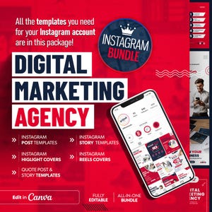 Może przedstawiać: Czerwono-biała grafika promująca agencję marketingu cyfrowego. Obraz zawiera tekst "Agencja Marketingu Cyfrowego" i "Pakiet Instagram". Smartfon wyświetla profil Instagram z r&oacute;żnymi szablonami. Obraz zawiera r&oacute;wnież tekst "Edytuj w Canva".