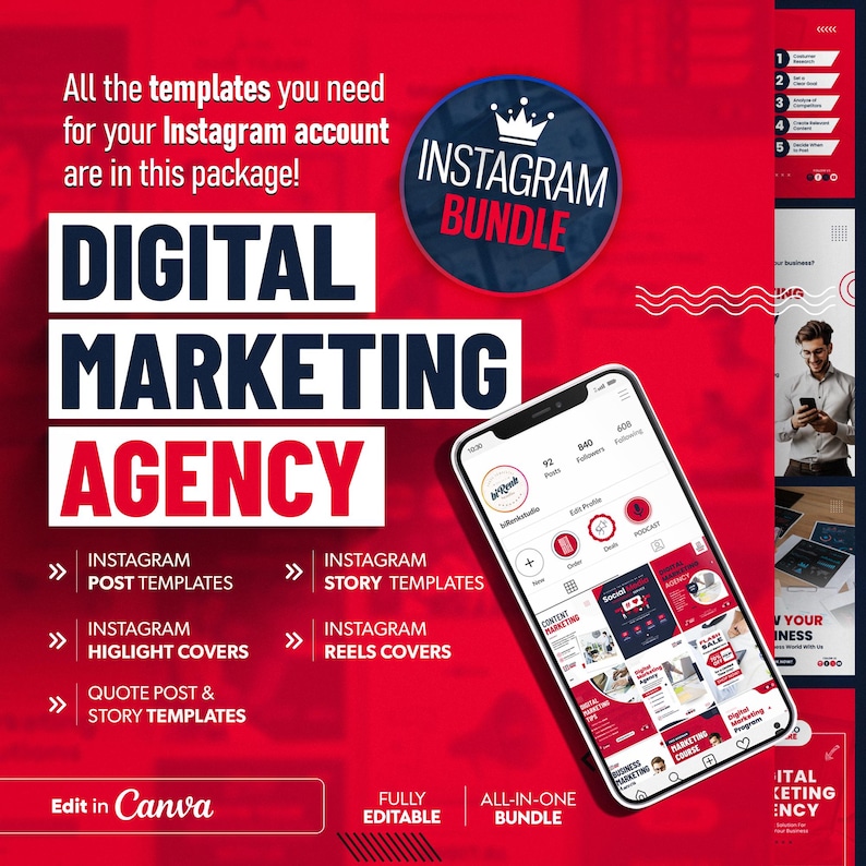 Może przedstawiać: Czerwono-biała grafika promująca agencję marketingu cyfrowego. Obraz zawiera tekst "Agencja Marketingu Cyfrowego" i "Pakiet Instagram". Smartfon wyświetla profil Instagram z r&oacute;żnymi szablonami. Obraz zawiera r&oacute;wnież tekst "Edytuj w Canva".