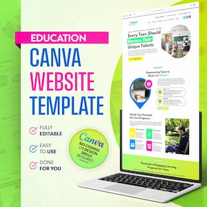 Pode incluir: Um laptop exibe um modelo de site com o texto "Education Canva Website Template". O design do site apresenta seções para adolescentes, incluindo "Nurture Their Unique Talents" e "Our Core Programs".