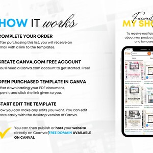 Może przedstawiać: Krok po kroku przewodnik po tworzeniu i sprzedaży produkt&oacute;w cyfrowych na Etsy za pomocą Canva. Obrazek przedstawia ekran smartfona z aplikacją Etsy, na kt&oacute;rym widoczne są r&oacute;żne oferty produkt&oacute;w. Tekst na obrazku brzmi: "Jak to działa", "Zakończ zam&oacute;wienie", "Utw&oacute;rz bezpłatne konto Canva.com", "Otw&oacute;rz zakupiony szablon w Canva", "Zacznij edytować szablon", "Możesz następnie opublikować lub hostować swoją witrynę bezpośrednio na Canva (Darmowa domena dostępna na Canva)", "M&oacute;j ulubiony sklep!" i "Aby otrzymywać powiadomienia o nowych produktach, wyprzedażach i bonusach".
