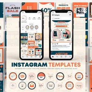 May include: A collection of Instagram templates for social media marketing. The templates feature a variety of designs with orange and blue accents. The templates include text such as "New Arrival", "Flash Sale", "Just For You", and "60% Off".