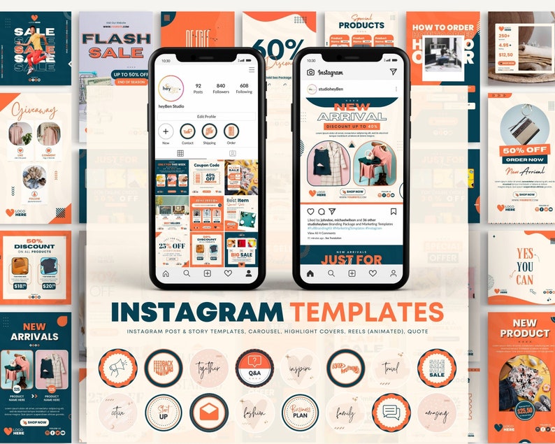 May include: A collection of Instagram templates for social media marketing. The templates feature a variety of designs with orange and blue accents. The templates include text such as "New Arrival", "Flash Sale", "Just For You", and "60% Off".