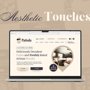 May include: A laptop computer displaying a website for a bakery called "Patisda." The website features a photo of a hand holding a mixing bowl, and the text "Deliciously Decadent Cakes and Freshly Baked Artisan Breads."