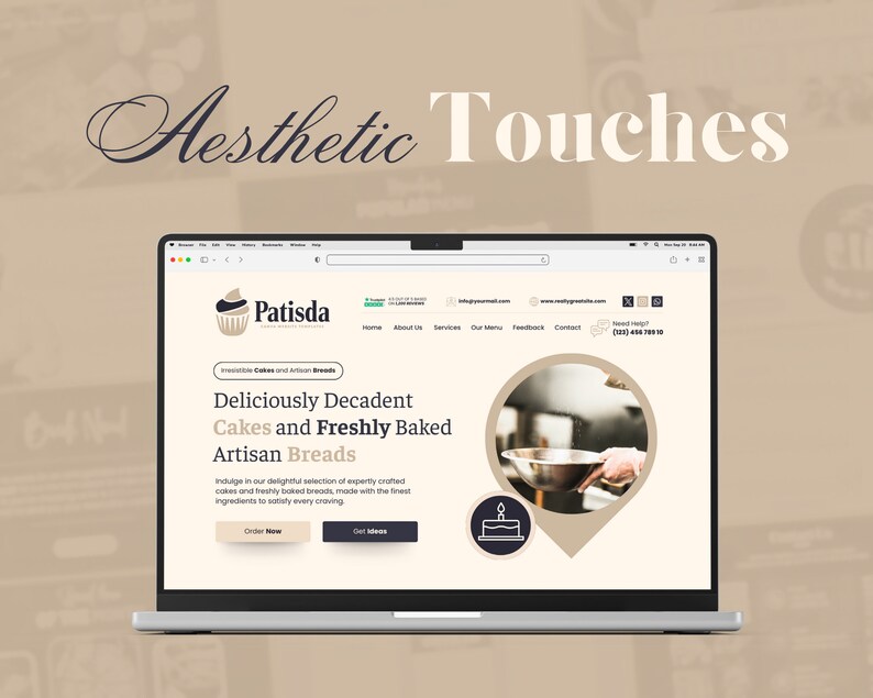 May include: A laptop computer displaying a website for a bakery called "Patisda." The website features a photo of a hand holding a mixing bowl, and the text "Deliciously Decadent Cakes and Freshly Baked Artisan Breads."
