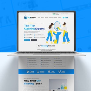 Może przedstawiać: Laptop wyświetlający stronę internetową usługi sprzątania o nazwie BizClean. Strona zawiera kresk&oacute;wkową ilustrację dw&oacute;ch os&oacute;b sprzątających umywalkę w łazience. Strona zawiera r&oacute;wnież informacje o usługach firmy, cenach i opiniach klient&oacute;w.