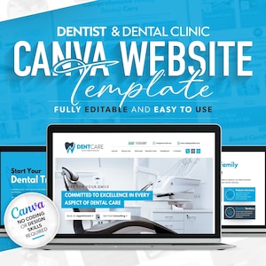 Może przedstawiać: Szablon strony internetowej Canva dla dentystów i klinik stomatologicznych. Szablon jest w pełni edytowalny i łatwy w użyciu. Obraz przedstawia ekran laptopa z makietą strony internetowej kliniki stomatologicznej. Strona internetowa zawiera fotel dentystyczny, logo i tekst "DENTCARE". Tekst "COMMITTED TO EXCELLENCE IN EVERY ASPECT OF DENTAL CARE" jest również widoczny na stronie internetowej. Obraz przedstawia również ekran laptopa z makietą strony internetowej kliniki stomatologicznej. Strona internetowa zawiera fotel dentystyczny, logo i tekst "DENTCARE". Tekst "COMMITTED TO EXCELLENCE IN EVERY ASPECT OF DENTAL CARE" jest również widoczny na stronie internetowej.