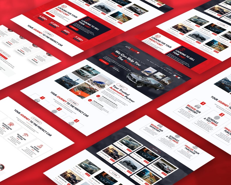 Puede incluir: Maqueta de sitio web para un concesionario de autom&oacute;viles con un esquema de color rojo y blanco. El sitio web presenta una llamada a la acci&oacute;n para navegar por el inventario, programar una prueba de manejo y finalizar una compra. El sitio web tambi&eacute;n presenta una secci&oacute;n sobre el socio automotriz de confianza del concesionario.