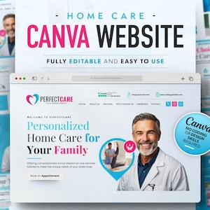 Modelo de site Canva para assistência domiciliar, modelo de site de assistência domiciliar, modelo de página de destino, serviços de assistência domiciliar, site de saúde e bem-estar