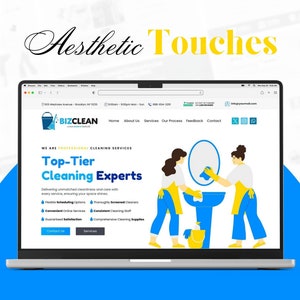 Może przedstawiać: Ekran laptopa wyświetlający stronę internetową dla usługi sprzątania o nazwie "BizClean". Strona zawiera ilustrację kresk&oacute;wkową dw&oacute;ch os&oacute;b sprzątających umywalkę w łazience. Tekst na stronie internetowej brzmi "Najlepsi eksperci w dziedzinie sprzątania" i "Zapewniamy nieskazitelną czystość i troskę przy każdym zleceniu, dbając o to, aby Twoje przestrzenie lśniły."