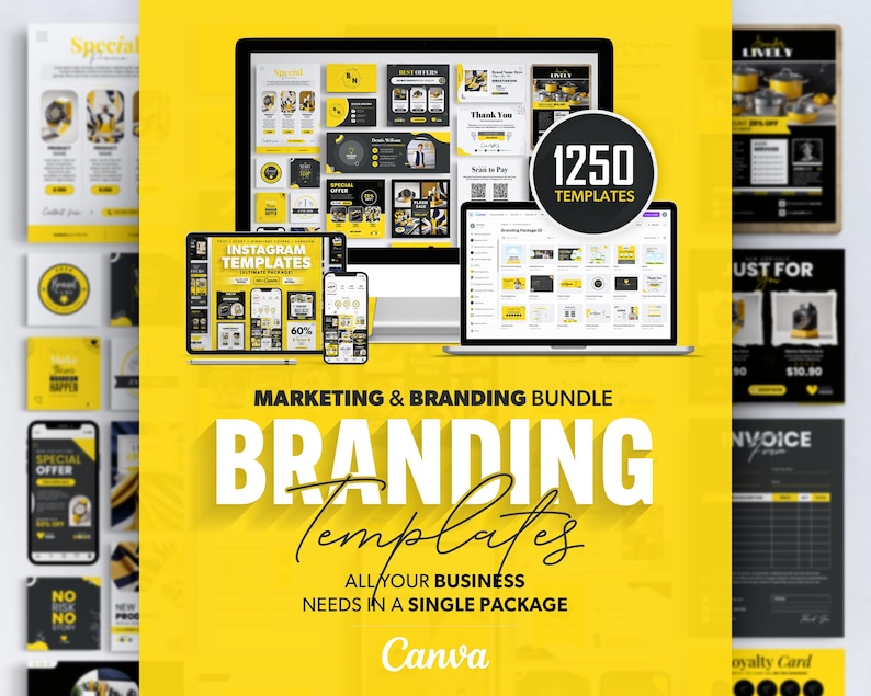 May include: A yellow and black graphic design template bundle for Canva with the text "Branding Templates" and "1250 Templates".