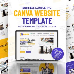 Pode incluir: Um modelo de site Canva para consultoria de negócios. O modelo apresenta um design moderno com um esquema de cores amarelo e azul. O texto "Bem-vindo ao seu aliado de confiança para o sucesso nos negócios" é exibido no site. O texto "Nosso objetivo, empoderar você" também é exibido no site.