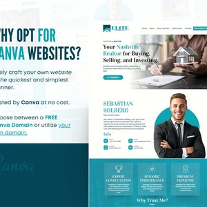 Pode incluir: Um modelo de design de site para um agente imobili&aacute;rio em Nashville, Tennessee. O site apresenta um esquema de cores azul e branco com uma foto de um homem segurando um modelo de casa. O texto no site diz "Seu corretor de im&oacute;veis em Nashville para comprar, vender e investir." e "Por que optar por sites Canva?"