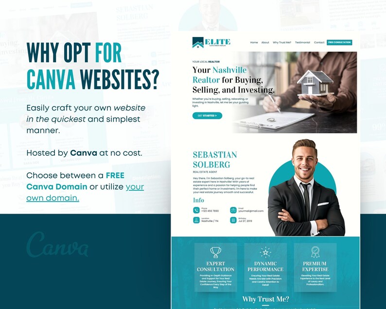 Pode incluir: Um modelo de design de site para um agente imobili&aacute;rio em Nashville, Tennessee. O site apresenta um esquema de cores azul e branco com uma foto de um homem segurando um modelo de casa. O texto no site diz "Seu corretor de im&oacute;veis em Nashville para comprar, vender e investir." e "Por que optar por sites Canva?"