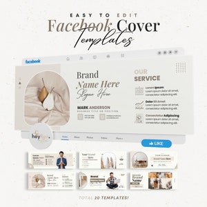 Pu&ograve; includere: Una collezione di 20 modelli di copertina per Facebook con un'estetica minimalista. I modelli presentano una tavolozza di colori neutri con accenti beige, marrone e bianco. I modelli includono una variet&agrave; di immagini, tra cui una pera, una persona seduta su un divano e una persona in piedi davanti a una finestra. Il testo sui modelli include "Nome del marchio qui", "Slogan qui", "Il nostro servizio", "Lorem Ipsum", "Dolor Sit Amet", "Consectetur Adipiscing", "Mi piace" e "Totale 20 modelli!"