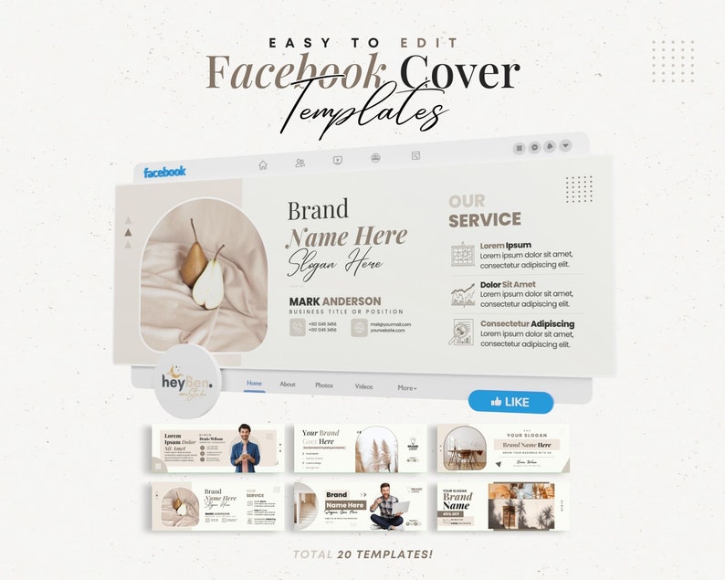 Pu&ograve; includere: Una collezione di 20 modelli di copertina per Facebook con un'estetica minimalista. I modelli presentano una tavolozza di colori neutri con accenti beige, marrone e bianco. I modelli includono una variet&agrave; di immagini, tra cui una pera, una persona seduta su un divano e una persona in piedi davanti a una finestra. Il testo sui modelli include "Nome del marchio qui", "Slogan qui", "Il nostro servizio", "Lorem Ipsum", "Dolor Sit Amet", "Consectetur Adipiscing", "Mi piace" e "Totale 20 modelli!"