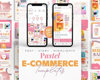 Puede incluir: Una colección de plantillas de redes sociales en colores pastel para empresas de comercio electrónico. Las plantillas presentan una variedad de diseños, que incluyen formas geométricas, patrones florales y superposiciones de texto. Las plantillas son totalmente personalizables y se pueden usar para publicaciones, historias y destacados de Instagram.
