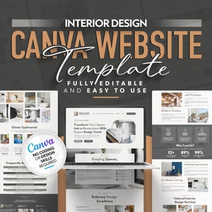 Modelo de site Canva de design de interiores, site de designer, site fácil de editar no Canva, site de decoração para casa, marketing de design de interiores