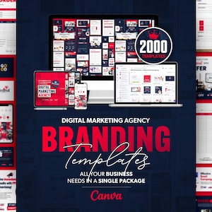 May include: A digital marketing agency branding template design, displayed on a desktop computer, laptop, tablet, and smartphone. The image features the text "2000 Templates" and "Digital Marketing Agency". The Canva logo is also visible.