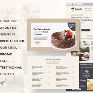 May include: A website homepage for a bakery called Patisda. The website features a photo of a chocolate cake with chocolate shavings and strawberries on top. The website also features a menu of cakes and pastries, as well as a section on the bakery's story.