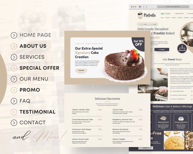 May include: A website homepage for a bakery called Patisda. The website features a photo of a chocolate cake with chocolate shavings and strawberries on top. The website also features a menu of cakes and pastries, as well as a section on the bakery's story.