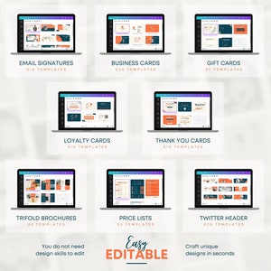 May include: A laptop screen displaying various graphic design templates for email signatures, business cards, gift cards, loyalty cards, thank you cards, trifold brochures, price lists, and Twitter headers. The templates feature a modern, minimalist design with a color scheme of orange, blue, and black. The text on the screen reads "Easy Editable" and "Craft unique designs in seconds".