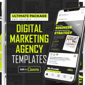 Peut inclure: Un modèle de template d'agence de marketing numérique noir et vert pour Instagram. Le modèle présente un fond noir avec des accents verts et du texte qui dit "Boost Your Business With Digital Marketing Strategy".