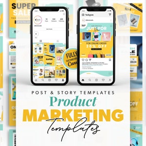 May include: A collection of social media post and story templates for product marketing. The templates feature a yellow and blue colour scheme with text that says "Super Sale", "New Arrivals", "Just For You", "For Online Order 30% Off", and "Fully Customizable Canva Templates".