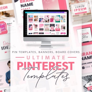 Op de afbeelding: Een computerscherm waarop verschillende roze en witte Pinterest-sjablonen worden weergegeven. De tekst "ULTIMATE PINTEREST TEMPLATES" wordt in grote, vetgedrukte letters op een witte achtergrond weergegeven. De sjablonen zijn voor social media-berichten, banners en board covers.