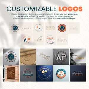 May include: A collection of 20 customizable logo designs. The logos feature various styles, including initials, floral elements, and geometric shapes. The logos are displayed on different backgrounds, such as wood, paper, and metal.