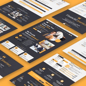 May include: A collection of website mockups with a dark gray and yellow color scheme. The mockups display text and images related to financial services, including the words "Financial Journey" and "Empower Your Team, Drive Success."