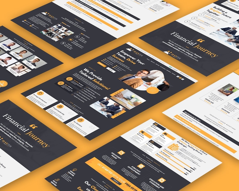 May include: A collection of website mockups with a dark gray and yellow color scheme. The mockups display text and images related to financial services, including the words "Financial Journey" and "Empower Your Team, Drive Success."