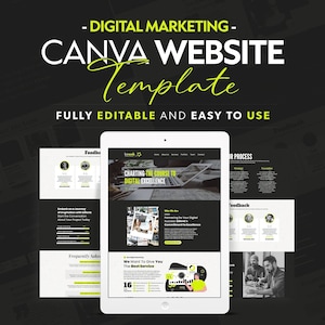 May include: A black and white website template for digital marketing, designed for use with Canva. The template features a black background with yellow text and graphics. The text "Charting the Course to Digital Excellence" is displayed on the website.